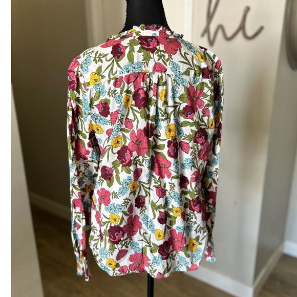Talbots Floral Print Button Front Ruffle Neck Long Sleeve Blouse Large Petite - Picture 2 of 7
